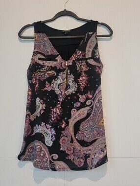 Express Black Paisley Floral Zip Front Sleeveless Blouse Size M